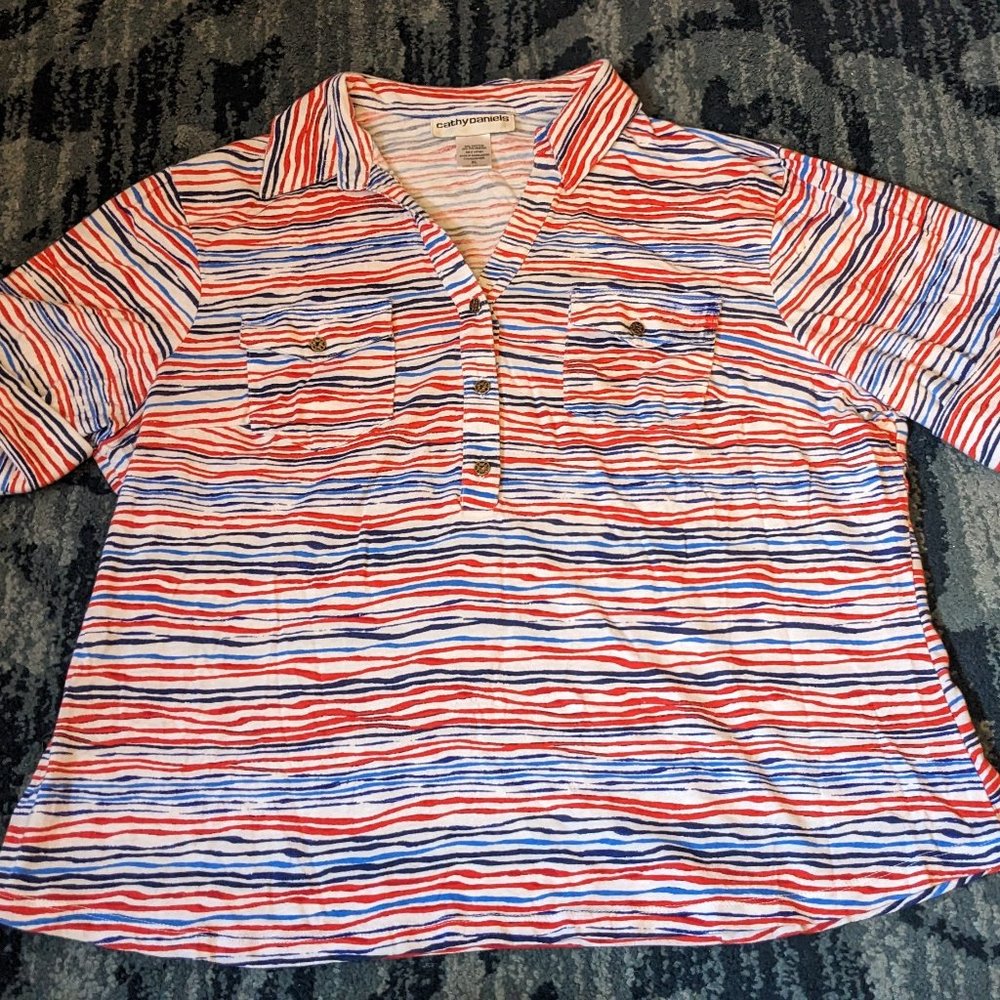 Cathy Daniels Buttons Blouse Quarter Button Two Pocket Red Blue White Size XL